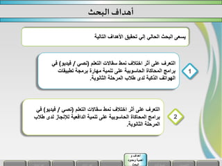 ‫التعلم‬ ‫سقاالت‬ ‫نمط‬ ‫اختالف‬ ‫أثر‬ ‫على‬ ‫التعرف‬(‫نصي‬/‫فيديو‬)‫في‬
‫تطبيقات‬ ‫برمجة‬ ‫مهارة‬ ‫تنمية‬ ‫على‬ ‫الحاسوبية‬ ‫المحاكاة‬ ‫برامج‬
‫الثانوية‬ ‫المرحلة‬ ‫طالب‬ ‫لدى‬ ‫الذكية‬ ‫الهواتف‬.
1
‫البحث‬‫أهداف‬
‫التعلم‬ ‫سقاالت‬ ‫نمط‬ ‫اختالف‬ ‫أثر‬ ‫على‬ ‫التعرف‬(‫نصي‬/‫فيديو‬)‫في‬
‫ط‬ ‫لدى‬ ‫لإلنجاز‬ ‫الدافعية‬ ‫تنمية‬ ‫على‬ ‫الحاسوبية‬ ‫المحاكاة‬ ‫برامج‬‫الب‬
‫الثانوية‬ ‫المرحلة‬.
2
‫التالية‬ ‫األهداف‬ ‫تحقيق‬ ‫إلي‬ ‫الحالي‬ ‫البحث‬ ‫يسعى‬
‫و‬ ‫أهداف‬
‫وحدود‬ ‫أهمية‬
‫البحث‬
 