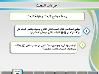 ‫البح‬ ‫يقتصر‬ ‫وسوف‬ ‫الثانوي‬ ‫الثاني‬ ‫الصف‬ ‫طالب‬ ‫من‬ ‫البحث‬ ‫مجتمع‬‫على‬ ‫ث‬
‫من‬ ‫مكونه‬ ‫عينة‬(60)‫عشوائيا‬ ‫بطريقة‬ ‫اختيارهم‬ ‫تم‬ ً‫ا‬‫طالب‬
1
‫البحث‬ ‫إجراءات‬
‫من‬ ‫مجموعة‬ ‫كل‬ ‫تتكون‬ ‫بحيث‬ ‫مجموعتين‬ ‫إلي‬ ‫تقسيمهم‬ ‫تم‬(30)‫طالب‬
‫التجريبية‬ ‫المعالجات‬ ‫عليهم‬ ‫تطبيق‬ ‫يتم‬
2
‫البحث‬ ‫وعينة‬ ‫البحث‬ ‫مجتمع‬ ‫رابعا‬
‫و‬ ‫أهداف‬
‫إجراءات‬
‫البحث‬
 