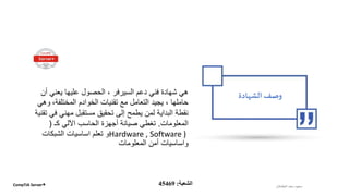 ‫الشهادة‬ ‫وصف‬‫أن‬ ‫يعني‬ ‫عليها‬ ‫الحصول‬ ، ‫السيرفر‬ ‫دعم‬ ‫فني‬ ‫شهادة‬ ‫هي‬
‫الخوادم‬ ‫تقنيات‬ ‫مع‬ ‫التعامل‬ ‫يجيد‬ ، ‫حاملها‬‫المختلفة‬،‫و‬‫هي‬
‫ف‬ ‫مهني‬ ‫مستقبل‬ ‫تحقيق‬ ‫إلى‬ ‫يطمح‬ ‫لمن‬ ‫البداية‬ ‫نقطة‬‫تقنية‬ ‫ي‬
‫المعلومات‬.‫كـ‬ ‫اآللي‬ ‫الحاسب‬ ‫أجهزة‬ ‫صيانة‬ ‫تغطي‬(
Hardware , Software )‫الشبكات‬ ‫اساسيات‬ ‫تعلم‬ ‫و‬
‫المعلومات‬ ‫أمن‬ ‫واساسيات‬
‫الطشالن‬‫سعد‬ ‫سعود‬CompTIA Server+ ‫الشعبة‬:45469
 