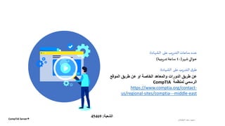 ‫شهر‬ ‫حوالي‬(٤٠‫يبية‬‫ر‬‫تد‬‫ساعة‬)
‫على‬ ‫يب‬‫ر‬‫التد‬‫ساعات‬‫عدد‬‫الشهادة‬:
‫الطشالن‬‫سعد‬ ‫سعود‬
‫الموقع‬ ‫طريق‬ ‫عن‬ ‫او‬ ‫الخاصة‬ ‫والمعاهد‬ ‫الدورات‬ ‫طريق‬ ‫عن‬
‫لمنظمة‬ ‫الرسمي‬CompTIA
https://www.comptia.org/contact-
us/regional-sites/comptia---middle-east
‫على‬ ‫يب‬‫ر‬‫التد‬‫ق‬‫طر‬‫الشهادة‬:
CompTIA Server+ ‫الشعبة‬:45469
 