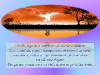 Um dia, logo mais, haveremos de nos reencontrar na
 Espiritualidade, quando transpusermos os umbrais da morte.
 Então, diremos adeus aos que permanecem, para recebermos
                    um olá, você chegou!
Dos que nos precederam e nos virão receber no portal da tumba.
 