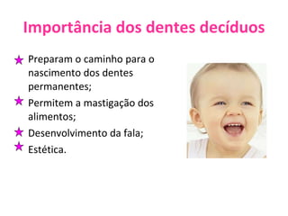 Importância dos dentes decíduos Preparam o caminho para o nascimento dos dentes permanentes; Permitem a mastigação dos alimentos; Desenvolvimento da fala; Estética. 