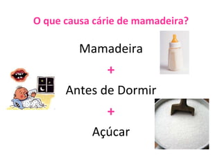 O que causa cárie de mamadeira? Mamadeira + Antes de Dormir + Açúcar 