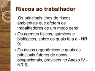 Riscos ao trabalhador
Os principais tipos de riscos
ambientais que afetam os
trabalhadores de um modo geral:
 Os agentes físicos, químicos e
biológicos, sobre os quais fala a - NR
9;
 Os riscos ergonômicos e quais os
principais fatores de riscos
ocupacionais, previstos no Anexo IV -
NR 5.
11
 