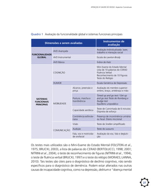ATENÇÃO À SAÚDE DO IDOSO: Aspectos Conceituais

Quadro 1	 Avaliação da funcionalidade global e sistemas funcionais principais
Dimensões a serem avaliadas

Instrumentos de
avaliação
Avaliação Individualizada: lazer,
trabalho e interação social

AVD Avançada
FUNCIONALIDADE
GLOBAL
AVD Instrumental

Escala de Lawton-Brody

AVD Básica

Índice de Katz

COGNIÇÃO

Mini Exame do Estado Mental
Lista de 10 palavras do CERAD
Fluência Verbal
Reconhecimento de 10 Figuras
Teste do Relógio

HUMOR

Escala Geriátrica de Depressão
Alcance, preensão e
pinça

Teste de Caminhada de 6 minutos
Dispnéia de esforço
Presença de incontinência urinária
ou fecal. Diário miccional

Visão

Teste de Snellen simplificado

Audição

Teste do sussurro

Fala, voz e motricidade orofacial

COMUNICAÇÃO

Timed up and go test / Get up
and go test Teste de Romberg e
Nudge test
Equilíbrio unipodálico

Continência esfincteriana

MOBILIDADE

Postura, marcha e
transferência

Capacidade aeróbica

SISTEMAS
FUNCIONAIS
PRINCIPAIS

Avaliação do membro superior:
ombro, braço, antebraço e mão

Avaliação da voz, fala e deglutição

Os testes mais utilizados são o Mini-Exame do Estado Mental (FOLSTEIN et al.,
1975; BRUCKI, 2003), a lista de palavras do CERAD (BERTOLUCCI, 1998; 2001;
NITRINI et al., 2004), o teste de reconhecimento de figuras (NITRINI et al., 1994),
o teste de fluência verbal (BRUCKI, 1997) e o teste do relógio (MORAES; LANNA,
2010). Tais testes são úteis para o diagnóstico de declínio cognitivo, não sendo
específicos para o diagnóstico de demência. Podem estar alterados nas outras
causas de incapacidade cognitiva, como na depressão, delirium e “doença mental

27

 