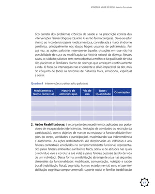 ATENÇÃO À SAÚDE DO IDOSO: Aspectos Conceituais

tico correto dos problemas crônicos de saúde e na prescrição correta das
intervenções farmacológicas (Quadro 4) e não farmacológicas. Deve-se estar
atento ao risco de iatrogenia medicamentosa, considerada a maior síndrome
geriátrica, principalmente nos idosos frágeis usuários de polifarmácia. Por
sua vez, as ações paliativas reservam-se àquelas situações em que não há
possibilidade de cura ou modificação da história natural da doença. Nesses
casos, o cuidado paliativo tem como objetivo a melhora da qualidade de vida
dos pacientes e familiares diante de doenças que ameaçam continuamente
a vida. O foco da intervenção não é somente o alívio impecável da dor, mas
do conjunto de todos os sintomas de natureza física, emocional, espiritual
e social.
Quadro 4	 Intervenções curativas e/ou paliativas
Medicamento /
Nome comercial

Horário de
administração

Via de
uso

Dose /
Quantidade

Orientações

2.	 Ações Reabilitadoras: é o conjunto de procedimentos aplicados aos portadores de incapacidades (deficiências, limitação de atividades ou restrição da
participação), com o objetivo de manter ou restaurar a funcionalidade (funções do corpo, atividades e participação), maximizando sua independência
e autonomia. As ações reabilitadoras são direcionadas ao indivíduo e aos
fatores contextuais envolvidos no comprometimento funcional, representados pelos fatores ambientais (ambiente físico, social e de atitudes nas quais
o indivíduo vive e conduz a sua vida) e pelos fatores pessoais (estilo de vida
de um indivíduo). Dessa forma, a reabilitação abrangente atua nas seguintes
dimensões da funcionalidade: mobilidade, comunicação, nutrição e saúde
bucal (reabilitação física); cognição, humor, estado mental, sono e lazer (reabilitação cognitiva-comportamental); suporte social e familiar (reabilitação

57

 