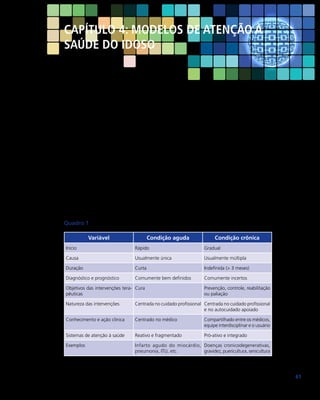 Capítulo 4: Modelos de Atenção à
Saúde do Idoso

O rápido envelhecimento da população brasileira modificou profundamente
o padrão de morbimortalidade, com maior ênfase na abordagem das doenças
crônico-degenerativas, também conhecidas como Doenças Crônicas Não Transmissíveis (DCNT). Todavia, o conceito clássico de doença (do latim dolentia, padecimento) não é capaz de englobar determinadas circunstâncias na saúde das
pessoas, que exigem uma resposta dos sistemas de atenção à saúde, mas que
não são patológicas, como as condições ligadas à maternidade e ao período neonatal, condições ligadas à manutenção da saúde por ciclos de vida (puericultura,
herbicultura e senicultura), dentre outras. A terminologia mais apropriada para
denominar tais circunstâncias é condição de saúde, que pode ser categorizada
em condição aguda ou crônica. As condições agudas são, usualmente, de curta
duração (<3 meses) e caráter autolimitado, como por exemplo, as doenças infecciosas (gripe, dengue, etc.), as causas externas (traumas). O Quadro 1 demonstra
as principais diferenças entre as duas condições (MENDES, 2011).
Quadro 1	 Condição de saúde aguda e crônica
Variável

Condição aguda

Condição crônica

Início

Rápido

Gradual

Causa

Usualmente única

Usualmente múltipla

Duração

Curta

Indefinida (> 3 meses)

Diagnóstico e prognóstico

Comumente bem definidos

Comumente incertos

Objetivos das intervenções tera- Cura
pêuticas

Prevenção, controle, reabilitação
ou paliação

Natureza das intervenções

Centrada no cuidado profissional Centrada no cuidado profissional
e no autocuidado apoiado

Conhecimento e ação clínica

Centrado no médico

Compartilhado entre os médicos,
equipe interdisciplinar e o usuário

Sistemas de atenção à saúde

Reativo e fragmentado

Pró-ativo e integrado

Exemplos

Infarto agudo do miocárdio, Doenças cronicodegenerativas,
pneumonia, ITU, etc.
gravidez, puericultura, senicultura

61

 