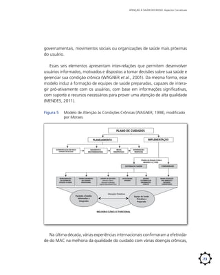 ATENÇÃO À SAÚDE DO IDOSO: Aspectos Conceituais

governamentais, movimentos sociais ou organizações de saúde mais próximas
do usuário.
Esses seis elementos apresentam inter-relações que permitem desenvolver
usuários informados, motivados e dispostos a tomar decisões sobre sua saúde e
gerenciar sua condição crônica (WAGNER et al., 2001). Da mesma forma, esse
modelo induz à formação de equipes de saúde preparadas, capazes de interagir pró-ativamente com os usuários, com base em informações significativas,
com suporte e recursos necessários para prover uma atenção de alta qualidade
(MENDES, 2011).
Figura 5	

Modelo de Atenção às Condições Crônicas (WAGNER, 1998), modificado
por Moraes
PLANO DE CUIDADOS
IMPLEMENTAÇÃO

PLANEJAMENTO

ESTRATIFICAÇÃO DE RISCO
CRITÉRIOS DE INCLUSÃO

DIAGNÓSTICO
MULTIDIMENSIONAL

METAS
TERAPÊUTICAS

INTERVENÇÕES
PROPOSTAS

Modelo de Atenção Crônica
WAGNER E.H. (1998)

SISTEMA DE SAÚDE

REORGANIZAÇÃO
DO SISTEMA DE
ATENÇÃO À SAÚDE

REDIRECIONAMENTO
DO CUIDADO
PROFISSIONAL

Paciente e Família
Informados e
Integrados

SUPORTE ÀS DECISÕES
Diretrizes Clínicas
Educação Continuada
Suporte Especializado Eﬁcaz

AUTOCUIDADO
APOIADO

SISTEMA
ELETRÔNICO DE
INFORMAÇÕES
CLÍNICAS

COMUNIDADE

MAIOR UTILIZAÇÃO
DOS SERVIÇOS E
RECURSOS
COMUNITÁRIOS

Interações Produtivas
Equipe de Saúde
Pró-ativa e
Preparada

MELHORA CLÍNICA E FUNCIONAL

Na última década, várias experiências internacionais confirmaram a efetividade do MAC na melhoria da qualidade do cuidado com várias doenças crônicas,

73

 