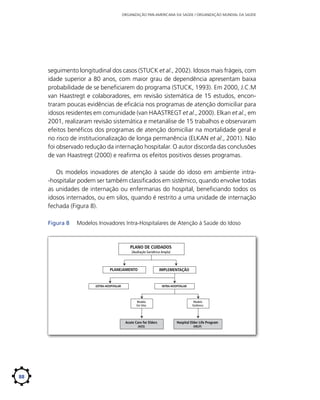 ORGANIZAÇÃO PAN-AMERICANA DA SAÚDE / ORGANIZAÇÃO MUNDIAL DA SAÚDE

seguimento longitudinal dos casos (STUCK et al., 2002). Idosos mais frágeis, com
idade superior a 80 anos, com maior grau de dependência apresentam baixa
probabilidade de se beneficiarem do programa (STUCK, 1993). Em 2000, J.C.M
van Haastregt e colaboradores, em revisão sistemática de 15 estudos, encontraram poucas evidências de eficácia nos programas de atenção domiciliar para
idosos residentes em comunidade (van HAASTREGT et al., 2000). Elkan et al., em
2001, realizaram revisão sistemática e metanálise de 15 trabalhos e observaram
efeitos benéficos dos programas de atenção domiciliar na mortalidade geral e
no risco de institucionalização de longa permanência (ELKAN et al., 2001). Não
foi observado redução da internação hospitalar. O autor discorda das conclusões
de van Haastregt (2000) e reafirma os efeitos positivos desses programas.
Os modelos inovadores de atenção à saúde do idoso em ambiente intra-hospitalar podem ser também classificados em sistêmico, quando envolve todas
as unidades de internação ou enfermarias do hospital, beneficiando todos os
idosos internados, ou em silos, quando é restrito a uma unidade de internação
fechada (Figura 8).
Figura 8	

Modelos Inovadores Intra-Hospitalares de Atenção à Saúde do Idoso

PLANO DE CUIDADOS
(Avaliação Geriátrica Ampla)

PLANEJAMENTO

IMPLEMENTAÇÃO

EXTRA-HOSPITALAR

INTRA-HOSPITALAR

Modelo
Em Silos

Acute Care for Elders

Hospital Elder Life Program

(ACE)

88

Modelo
Sistêmico

(HELP)

 
