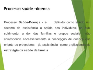 Processo saúde –doenca
Processo Saúde-Doença - é definido como sendo um
sistema de assistência a saúde dos indivíduos, na qual
sofrimento, a dor das famílias e grupos sociais não
corresponde necessariamente a concepção de doença que
orienta os provedores da assistência como profissionais da
estratégia da saúde da família
 