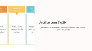 Análise com 5W2H
Ferramenta de análise para identificar problemas e soluções de
forma estruturada
 