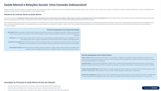 Saúde Mental e Relações Sociais: Uma Conexão Indissociável
A saúde mental não é um fenômeno isolado ou meramente individual; ela é profundamente moldada, influenciada e determinada pelas relações interpessoais e pelos contextos sociais, econômicos, culturais e políticos em que vivemos. Compreender essa dinâmica complexa e multifacetada é crucial para o desenvolvimento de
abordagens preventivas eficazes e intervenções terapêuticas contextualizadas e potentes.
Influência do Contexto Social na Saúde Mental
Fatores macrossociais como desigualdade econômica, pobreza extrema, desemprego estrutural, discriminação racial e de gênero, violência urbana, preconceito, estigmatização, falta de acesso a serviços básicos (educação de qualidade, saúde, moradia adequada, saneamento, alimentação) são determinantes sociais
potentes no desenvolvimento, agravamento e cronificação de transtornos mentais. Populações vulneráveis e marginalizadas apresentam índices significativamente maiores de sofrimento psíquico.
Eventos traumáticos coletivos (guerras, desastres naturais, pandemias, crises econômicas severas, violência de Estado) também impactam massivamente a saúde mental de populações inteiras, gerando epidemias de estresse pós-traumático, transtornos de ansiedade generalizada, depressão maior e luto patológico em larga
escala. O ambiente de trabalho precarizado, a cultura organizacional tóxica, a pressão excessiva por desempenho e resultados, o assédio moral e o medo constante do desemprego também podem ser fontes significativas de estresse crônico e adoecimento, como no caso da Síndrome de Burnout e de outros transtornos
relacionados ao trabalho.
Vínculos Interpessoais como Fatores de Proteção
Apoio Social: Relações de qualidade com família, amigos, colegas e comunidade funcionam como um verdadeiro amortecedor do estresse, proporcionando
suporte emocional, prático e informacional em momentos de dificuldade, reduzindo sentimentos de solidão e oferecendo um senso de pertencimento e
segurança.
Resiliência: Vínculos seguros e afetivos desde a infância contribuem para o desenvolvimento de resiliência psicológica, que é a capacidade de enfrentar
adversidades, superar traumas e adaptar-se positivamente a situações de estresse intenso, mantendo a integridade emocional.
Pertencimento e Aceitação: Sentir-se parte de um grupo, ser aceito e valorizado pelo que se é, ter relações de reconhecimento mútuo e reciprocidade são
necessidades humanas fundamentais que, quando satisfeitas, promovem saúde mental, autoestima positiva e bem-estar subjetivo.
Comunicação e Expressão: Relações que permitem a expressão autêntica de sentimentos, angústias, medos e alegrias, onde há escuta empática e não-
julgadora, facilitam a elaboração de conflitos internos, a regulação emocional e a busca de soluções para problemas.
Vínculos Interpessoais como Fatores de Risco
Abuso e Violência: Relações marcadas por violência física, sexual, psicológica ou negligência, especialmente na infância e adolescência, são fatores de risco
gravíssimos para o desenvolvimento de diversos transtornos mentais ao longo da vida, incluindo depressão, ansiedade, transtorno de estresse pós-traumático,
transtornos de personalidade e uso de substâncias.
Isolamento Social: A ausência de vínculos significativos, a solidão crônica e o isolamento social prolongado estão fortemente associados a maiores taxas de
depressão, ansiedade, ideação suicida e até mesmo a problemas de saúde física, como doenças cardiovasculares e comprometimento do sistema imunológico.
Conflitos e Relações Disfuncionais: Relações familiares ou conjugais marcadas por conflitos constantes, comunicação destrutiva, cobranças excessivas, críticas
persistentes, desqualificação e falta de afeto geram estresse crônico, ansiedade, depressão e podem precipitar crises psíquicas.
Pressão Social e Expectativas: Expectativas sociais irrealistas, padrões de beleza inalcançáveis, pressão por sucesso profissional e financeiro, comparação social
constante (especialmente potencializada pelas redes sociais) podem gerar ansiedade, baixa autoestima, sentimentos de inadequação e frustração crônica.
Estratégias de Promoção de Saúde Mental Através das Relações
• Incentivo ao fortalecimento de redes de apoio comunitário e familiar através de políticas públicas e projetos sociais
• Desenvolvimento de habilidades sociais, comunicação assertiva, empatia e inteligência emocional desde a infância
• Criação e manutenção de espaços seguros, acolhedores e não-julgadores para diálogo, escuta ativa e expressão emocional autêntica
 