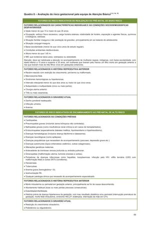 69
Quadro 6 Avaliação do risco gestacional pela equipe de Atenção Básica2, 8, 14, 15
FATORES DE RISCO INDICATIVOS DE REALIZAÇÃO DO PRÉ-NATAL DE BAIXO RISCO
FATORES RELACIONADOS ÀS CARACTERÍSTICAS INDIVIDUAIS E ÀS CONDIÇÕES SOCIODEMOGRÁFICAS
DESFAVORÁVEIS
Idade menor do que 15 e maior do que 35 anos.
Ocupação: esforço físico excessivo, carga horária extensa, rotatividade de horário, exposição a agentes físicos, químicos
e biológicos, estresse.
Situação familiar insegura e não aceitação da gravidez, principalmente em se tratando de adolescente.
Situação conjugal insegura.
Baixa escolaridade (menor do que cinco anos de estudo regular).
Condições ambientais desfavoráveis.
Altura menor do que 1,45 m.
IMC que evidencie baixo peso, sobrepeso ou obesidade.
Atenção: deve ser redobrada a atenção no acompanhamento de mulheres negras, indígenas, com baixa escolaridade, com
idade inferior a 15 anos e superior a 35 anos, em mulheres que tiveram pelo menos um filho morto em gestação anterior e
nas que tiveram mais de três filhos vivos em gestações anteriores.
FATORES RELACIONADOS À HISTÓRIA REPRODUTIVA ANTERIOR
Recém-nascido com restrição de crescimento, pré-termo ou malformado.
Macrossomia fetal.
Síndromes hemorrágicas ou hipertensivas.
Intervalo interpartal menor do que dois anos ou maior do que cinco anos.
Nuliparidade e multiparidade (cinco ou mais partos).
Cirurgia uterina anterior.
Três ou mais cesarianas.
FATORES RELACIONADOS À GRAVIDEZ ATUAL
Ganho ponderal inadequado.
Infecção urinária.
Anemia.
FATORES DE RISCO INDICATIVOS DE ENCAMINHAMENTO AO PRÉ-NATAL DE ALTO RISCO
FATORES RELACIONADOS ÀS CONDIÇÕES PRÉVIAS
Cardiopatias.
Pneumopatias graves (incluindo asma brônquica não controlada).
Nefropatias graves (como insuficiência renal crônica e em casos de transplantados).
Endocrinopatias (especialmente diabetes mellitus, hipotireoidismo e hipertireoidismo).
Doenças hematológicas (inclusive doença falciforme e talassemia).
Doenças neurológicas (como epilepsia).
Doenças psiquiátricas que necessitam de acompanhamento (psicoses, depressão grave etc.).
Doenças autoimunes (lúpus eritematoso sistêmico, outras colagenoses).
Alterações genéticas maternas.
Antecedente de trombose venosa profunda ou embolia pulmonar.
Ginecopatias (malformação uterina, tumores anexiais e outras).
Portadoras de doenças infecciosas como hepatites, toxoplasmose, infecção pelo HIV, sífilis terciária (USG com
malformação fetal) e outras DSTs (condiloma).
Hanseníase.
Tuberculose.
Anemia grave (hemoglobina < 8).
Isoimunização Rh.
Qualquer patologia clínica que necessite de acompanhamento especializado.
FATORES RELACIONADOS À HISTÓRIA REPRODUTIVA ANTERIOR
Morte intrauterina ou perinatal em gestação anterior, principalmente se for de causa desconhecida.
Abortamento habitual (duas ou mais perdas precoces consecutivas).
Esterilidade/infertilidade.
História prévia de doença hipertensiva da gestação, com mau resultado obstétrico e/ou perinatal (interrupção prematura da
gestação, morte fetal intrauterina, síndrome HELLP, eclâmpsia, internação da mãe em UTI).
FATORES RELACIONADOS À GRAVIDEZ ATUAL
Restrição do crescimento intrauterino.
Polidrâmnio ou oligodrâmnio.
 