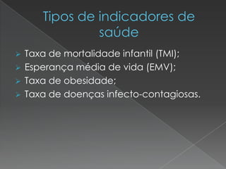  Taxa de mortalidade infantil (TMI);
 Esperança média de vida (EMV);
 Taxa de obesidade;
 Taxa de doenças infecto-contagiosas.
 