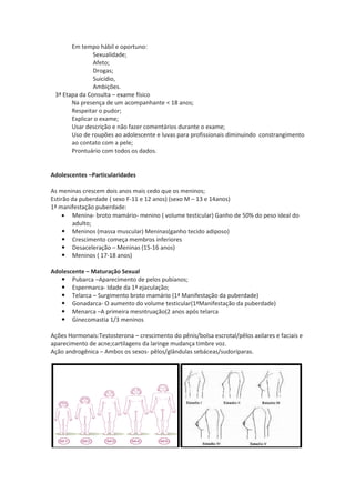 Em tempo hábil e oportuno:
               Sexualidade;
               Afeto;
               Drogas;
               Suicídio,
               Ambições.
 3ª Etapa da Consulta – exame físico
       Na presença de um acompanhante < 18 anos;
       Respeitar o pudor;
       Explicar o exame;
       Usar descrição e não fazer comentários durante o exame;
       Uso de roupões ao adolescente e luvas para profissionais diminuindo constrangimento
       ao contato com a pele;
       Prontuário com todos os dados.


Adolescentes –Particularidades

As meninas crescem dois anos mais cedo que os meninos;
Estirão da puberdade ( sexo F-11 e 12 anos) (sexo M – 13 e 14anos)
1ª manifestação puberdade:
      Menina- broto mamário- menino ( volume testicular) Ganho de 50% do peso ideal do
        adulto;
      Meninos (massa muscular) Meninas(ganho tecido adiposo)
      Crescimento começa membros inferiores
      Desaceleração – Meninas (15-16 anos)
      Meninos ( 17-18 anos)

Adolescente – Maturação Sexual
    Pubarca –Aparecimento de pelos pubianos;
    Espermarca- Idade da 1ª ejaculação;
    Telarca – Surgimento broto mamário (1ª Manifestação da puberdade)
    Gonadarca- O aumento do volume testicular(1ªManifestação da puberdade)
    Menarca –A primeira mesntruação(2 anos após telarca
    Ginecomastia 1/3 meninos

Ações Hormonais:Testosterona – crescimento do pênis/bolsa escrotal/pêlos axilares e faciais e
aparecimento de acne;cartilagens da laringe mudança timbre voz.
Ação androgênica – Ambos os sexos- pêlos/glândulas sebáceas/sudoríparas.
 