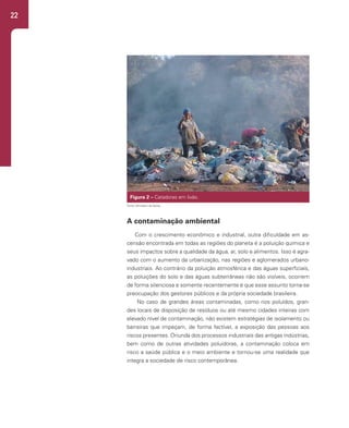 22
17
Figura 3 – Catadoras em lixão.
Fonte: Autor.
A contaminação ambiental
Com o crescimento econômico e industrial, outra dificuldade em ascensão
encontrada em todas as regiões do planeta é a poluição química e seus impactos sobre a
qualidade da água, ar, solo e alimentos. Isso é agravado com o aumento da
urbanização, nas regiões e aglomerados urbano-industriais. Ao contrário da poluição
atmosférica e das águas superficiais, as poluições do solo e das águas subterrâneas não
são visíveis, ocorrem de forma silenciosa e somente recentemente é que esse assunto
torna-se preocupação dos gestores públicos e da própria sociedade brasileira.
No caso de grandes áreas contaminadas, como rios poluídos, grandes locais de
disposição de resíduos ou até mesmo cidades inteiras com elevado nível de
contaminação, não existem estratégias de isolamento ou barreiras que impeçam, de
forma factível, a exposição das pessoas aos riscos presentes. Oriunda dos processos
industriais das antigas indústrias, bem como de outras atividades poluidoras, a
Figura 2 – Catadoras em lixão.
A contaminação ambiental
Com o crescimento econômico e industrial, outra dificuldade em as-
censão encontrada em todas as regiões do planeta é a poluição química e
seus impactos sobre a qualidade da água, ar, solo e alimentos. Isso é agra-
vado com o aumento da urbanização, nas regiões e aglomerados urbano-
industriais. Ao contrário da poluição atmosférica e das águas superficiais,
as poluições do solo e das águas subterrâneas não são visíveis, ocorrem
de forma silenciosa e somente recentemente é que esse assunto torna-se
preocupação dos gestores públicos e da própria sociedade brasileira.
No caso de grandes áreas contaminadas, como rios poluídos, gran-
des locais de disposição de resíduos ou até mesmo cidades inteiras com
elevado nível de contaminação, não existem estratégias de isolamento ou
barreiras que impeçam, de forma factível, a exposição das pessoas aos
riscos presentes. Oriunda dos processos industriais das antigas indústrias,
bem como de outras atividades poluidoras, a contaminação coloca em
risco a saúde pública e o meio ambiente e tornou-se uma realidade que
integra a sociedade de risco contemporânea.
Fonte: Ministério da Saúde.
 