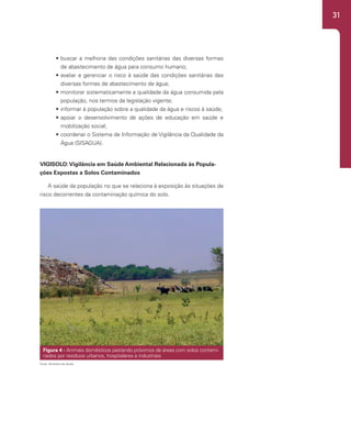 31
• buscar a melhoria das condições sanitárias das diversas formas
de abastecimento de água para consumo humano;
• avaliar e gerenciar o risco à saúde das condições sanitárias das
diversas formas de abastecimento de água;
• monitorar sistematicamente a qualidade da água consumida pela
população, nos termos da legislação vigente;
• informar à população sobre a qualidade da água e riscos à saúde;
• apoiar o desenvolvimento de ações de educação em saúde e
mobilização social;
• coordenar o Sistema de Informação de Vigilância da Qualidade da
Água (SISAGUA).
VIGISOLO:Vigilância em Saúde Ambiental Relacionada às Popula-
ções Expostas a Solos Contaminados
A saúde da população no que se relaciona à exposição às situações de
risco decorrentes da contaminação química do solo.
Figura 4 - Animais domésticos pastando próximos de áreas com solos contami-
nados por resíduos urbanos, hospitalares e industriais
Fonte: Ministério da Saúde.
 