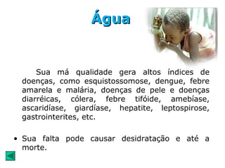 ÁguaÁgua
Sua má qualidade gera altos índices de
doenças, como esquistossomose, dengue, febre
amarela e malária, doenças de pele e doenças
diarréicas, cólera, febre tifóide, amebíase,
ascaridíase, giardíase, hepatite, leptospirose,
gastrointerites, etc.
• Sua falta pode causar desidratação e até a
morte.
 