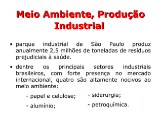 Meio Ambiente, ProduçãoMeio Ambiente, Produção
IndustrialIndustrial
• parque industrial de São Paulo produz
anualmente 2,5 milhões de toneladas de resíduos
prejudiciais à saúde.
• dentre os principais setores industriais
brasileiros, com forte presença no mercado
internacional, quatro são altamente nocivos ao
meio ambiente:
- papel e celulose;
- alumínio;
- siderurgia;
- petroquímica.
 