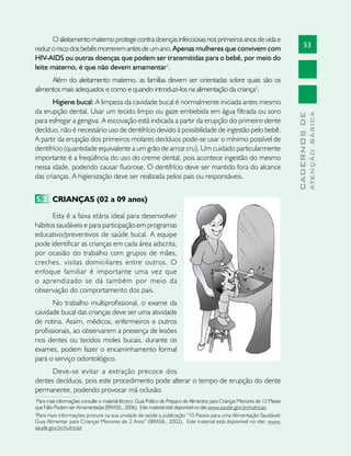 53
CADERNOSDE
ATENÇÃOBÁSICA
Oaleitamentomaternoprotegecontradoençasinfecciosasnosprimeirosanosdevidae
reduzoriscodosbebêsmorreremantesdeumano.Apenas mulheres que convivem com
HIV-AIDS ou outras doenças que podem ser transmitidas para o bebê, por meio do
leite materno, é que não devem amamentar1
.
Além do aleitamento materno, as famílias devem ser orientadas sobre quais são os
alimentos mais adequados e como e quando introduzi-los na alimentação da criança2
.
Higiene bucal: A limpeza da cavidade bucal é normalmente iniciada antes mesmo
da erupção dental. Usar um tecido limpo ou gaze embebida em água filtrada ou soro
para esfregar a gengiva. A escovação está indicada a partir da erupção do primeiro dente
decíduo, não é necessário uso de dentifrício devido à possibilidade de ingestão pelo bebê.
A partir da erupção dos primeiros molares decíduos pode-se usar o mínimo possível de
dentifrício (quantidade equivalente a um grão de arroz cru). Um cuidado particularmente
importante é a freqüência do uso do creme dental, pois acontece ingestão do mesmo
nessa idade, podendo causar fluorose. O dentifrício deve ser mantido fora do alcance
das crianças. A higienização deve ser realizada pelos pais ou responsáveis.
5.2	 CRIANÇAS (02 a 09 anos)
Esta é a faixa etária ideal para desenvolver
hábitos saudáveis e para participação em programas
educativo/preventivos de saúde bucal. A equipe
pode identificar as crianças em cada área adscrita,
por ocasião do trabalho com grupos de mães,
creches, visitas domiciliares entre outros. O
enfoque familiar é importante uma vez que
o aprendizado se dá também por meio da
observação do comportamento dos pais.
No trabalho multiprofissional, o exame da
cavidade bucal das crianças deve ser uma atividade
de rotina. Assim, médicos, enfermeiros e outros
profissionais, ao observarem a presença de lesões
nos dentes ou tecidos moles bucais, durante os
exames, podem fazer o encaminhamento formal
para o serviço odontológico.
Deve-se evitar a extração precoce dos
dentes decíduos, pois este procedimento pode alterar o tempo de erupção do dente
permanente, podendo provocar má oclusão.
1
Para mais informações consulte o material técnico: Guia Prático de Preparo de Alimentos para Crianças Menores de 12 Meses
que Não Podem ser Amamentadas (BRASIL, 2006). Este material está disponível no site www.saude.gov.br/nutricao
2
Para mais informações procure na sua unidade de saúde a publicação “10 Passos para uma Alimentação Saudável:
Guia Alimentar para Crianças Menores de 2 Anos” (BRASIL, 2002). Este material está disponível no site: www.
saude.gov.br/nutricao
 