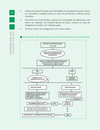 76
CADERNOSDE
ATENÇÃOBÁSICA
•	 Dentes com perda de inserção que impossibilite sua manutenção na arcada, devem
ser submetidos à avaliação prévia no setor de periodontia e prótese quando
necessário.
•	 Não devem ser encaminhados usuários com necessidade de pulpotomias, pois
devem ser realizadas nas Unidades Básicas de Saúde, inclusive nos casos de
rizogênese incompleta com vitalidade pulpar.
•	 Terceiros molares sem antagonista e com acesso restrito.
FLUXOGRAMA PARA REFERÊNCIA AOS SERVIÇOS ESPECIALIZADOS DE ENDODONTIA
 