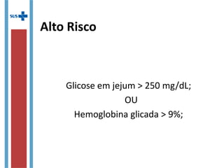 Alto Risco
Glicose em jejum > 250 mg/dL;
OU
Hemoglobina glicada > 9%;
 