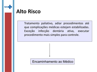 Alto Risco
Tratamento paliativo, adiar procedimentos até
que complicações médicas estejam estabilizadas.
Exceção infecção dentária ativa, executar
procedimento mais simples para controle.
Encaminhamento ao Médico
 