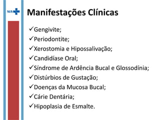 Manifestações Clínicas
Gengivite;
Periodontite;
Xerostomia e Hipossalivação;
Candidíase Oral;
Síndrome de Ardência Bucal e Glossodínia;
Distúrbios de Gustação;
Doenças da Mucosa Bucal;
Cárie Dentária;
Hipoplasia de Esmalte.
 