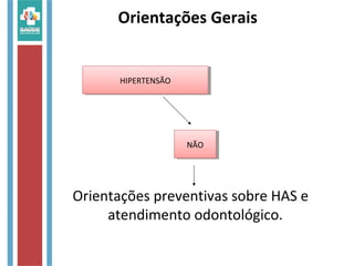 Orientações Gerais
Orientações preventivas sobre HAS e
atendimento odontológico.
HIPERTENSÃOHIPERTENSÃO
NÃONÃO
 