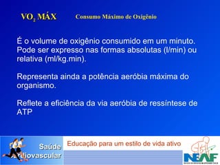 É o volume de oxigênio consumido em um minuto. Pode ser expresso nas formas absolutas (l/min) ou relativa (ml/kg.min). Representa ainda a potência aeróbia máxima do organismo. Reflete a eficiência da via aeróbia de ressíntese de ATP VO 2  MÁX Consumo Máximo de Oxigênio 