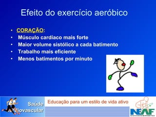 Efeito do exercício aeróbico CORAÇÃO :   Músculo cardíaco mais forte Maior volume sistólico a cada batimento Trabalho mais eficiente Menos batimentos por minuto 