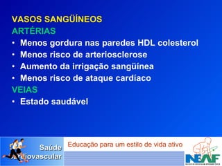 VASOS SANGÜÍNEOS ARTÉRIAS   Menos gordura nas paredes HDL colesterol Menos risco de arteriosclerose Aumento da irrigação sangüínea Menos risco de ataque cardíaco VEIAS Estado saudável 