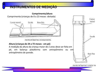 INSTRUMENTOS DE MEDIÇÃO
PROFESSOR A L E X A N D R E
Comprimento/altura
Comprimento (crianças de 0 a 23 meses -deitada)
Altura (crianças de 24 a 72 meses - em pé)
A medição da altura da criança maior de 2 anos deve ser feita em
pé, em balança plataforma com antropômetro ou em
antropômetro de parede.
 