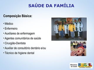 Composição Básica:
• Médico
• Enfermeiro
• Auxiliares de enfermagem
• Agentes comunitários de saúde
• Cirurgião-Dentista
• Auxiliar de consultório dentário e/ou
• Técnico de higiene dental
SAÚDE DA FAMÍLIA
 