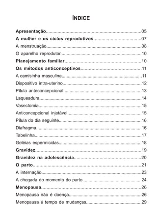 ÍNDICE

Apresentação.........................................................................05
A mulher e os ciclos reprodutivos....................................07
A menstruação............................................................................08
O aparelho reprodutor.................................................................10
Planejamento familiar.........................................................10
Os métodos anticonceptivos.............................................11
A camisinha masculina.................................................................11
Dispositivo intra-uterino................................................................12
Pílula anteconcepcional...............................................................13
Laqueadura..................................................................................14
Vasectomia...................................................................................15
Anticoncepcional injetável............................................................15
Pílula do dia seguinte...................................................................16
Diafragma.....................................................................................16
Tabelinha......................................................................................17
Geléias espermicidas...................................................................18
Gravidez...............................................................................19
Gravidez na adolescência..................................................20
O parto.................................................................................21
A internação................................................................................23
A chegada do momento do parto................................................24
Menopausa..........................................................................26
Menopausa não é doença...........................................................26
Menopausa é tempo de mudanças.............................................29
 
