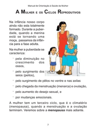Manual de Orientação à Saúde da Mulher


    A MULHER E OS CICLOS REPRODUTIVOS
Na infância nosso corpo
ainda não esta totalmente
formado. Durante a puber-
dade, quando a menina
está se tornando uma
moça, passamos da infân-
cia para a fase adulta.
Na mulher a puberdade se
caracteriza:
  ¨ pela diminuição no
    crescimento        dos
    ossos,
  ¨ pelo surgimento dos
    seios (peitos),
  ¨ pelo surgimento de pêlos no ventre e nas axilas

  ¨ pelo chegada da menstruação (menarca) e ovulação,

  ¨ pelo aumento do desejo sexual, e

  ¨ por mudanças emocionais.

A mulher tem um terceiro ciclo, que é o climatério
(menopausa), quando a menstruação e a ovulação
terminam. Veremos sobre a menopausa mais adiante.



                               7
 