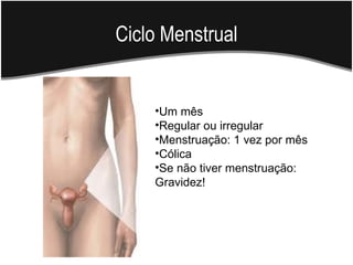 Ciclo Menstrual


    •Um mês
    •Regular ou irregular
    •Menstruação: 1 vez por mês
    •Cólica
    •Se não tiver menstruação:
    Gravidez!
 