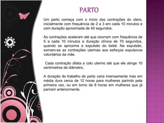 Um parto começa com o início das contrações do útero,
inicialmente com frequência de 2 a 3 em cada 10 minutos e
com duração aproximada de 40 segundos.

As contrações aceleram até que ocorram com frequência de
5 a cada 10 minutos e duração clínica de 70 segundos,
quando se aproxima a expulsão do bebê. Na expulsão,
somam-se as contrações uterinas aos esforços expulsivos
voluntários da mãe.

 Cada contração dilata a colo uterino até que ele atinge 10
centímetros de diâmetro.

A duração do trabalho de parto varia imensamente mas em
média dura cerca de 12 horas para mulheres parindo pela
primeira vez, ou em torno de 8 horas em mulheres que já
pariram anteriormente.
 