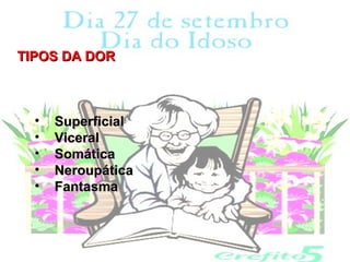 TIPOS DA DOR



  •   Superficial
  •   Viceral
  •   Somática
  •   Neroupática
  •   Fantasma
 