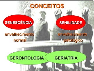 CONCEITOSCONCEITOS
SENESCÊNCIASENESCÊNCIA
envelhecimento
normal
envelhecimento
normal
SENILIDADESENILIDADE
envelhecimento
patológico
envelhecimento
patológico
GERONTOLOGIA GERIATRIA
 