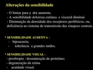 Alterações da sensibilidadeAlterações da sensibilidade
- O limiar para a dor aumenta
- A sensibilidade dolorosa cutânea e visceral diminui.
- Diminuição da densidade dos receptores periféricos, ou,
deficiência no sistema de transmissão das sinapses centrais.
- O limiar para a dor aumenta
- A sensibilidade dolorosa cutânea e visceral diminui.
- Diminuição da densidade dos receptores periféricos, ou,
deficiência no sistema de transmissão das sinapses centrais.
* SENSIBILIDADE AUDITIVA -
- hipoacusia;
- tolerância a grandes ruídos.
* SENSIBILIDADE AUDITIVA -
- hipoacusia;
- tolerância a grandes ruídos.
* SENSIBILIDADE VISUAL -
- presbiopia : desnaturação de proteínas;
- degeneração da retina
- acuidade visual.
* SENSIBILIDADE VISUAL -
- presbiopia : desnaturação de proteínas;
- degeneração da retina
- acuidade visual.
 