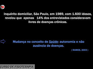 Morbidade
Inquérito domiciliar, São Paulo, em 1989, com 1.600 idosos,
revelou que apenas 14% dos entrevistados consideravam
livres de doenças crônicas.
Mudança no conceito de Saúde: autonomia e não
ausência de doenças.
( RAMOS, 2003 )
CURSO DE FISIOTERAPIACURSO DE FISIOTERAPIA
 