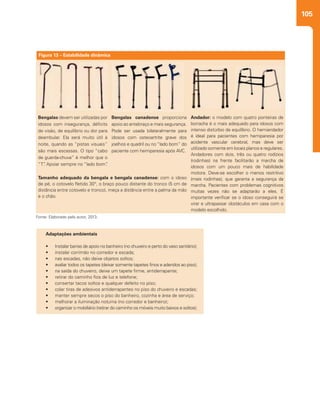 105
Figura 13 – Estabilidade dinâmica
Adaptações ambientais
• Instalar barras de apoio no banheiro (no chuveiro e perto do vaso sanitário);
• instalar corrimão no corredor e escada;
• nas escadas, não deixe objetos soltos;
• avaliar todos os tapetes (deixar somente tapetes finos e aderidos ao piso);
• na saída do chuveiro, deixe um tapete firme, antiderrapante;
• retirar do caminho fios de luz e telefone;
• consertar tacos soltos e qualquer defeito no piso;
• colar tiras de adesivos antiderrapantes no piso do chuveiro e escadas;
• manter sempre secos o piso do banheiro, cozinha e área de serviço;
• melhorar a iluminação noturna (no corredor e banheiro);
• organizar o mobiliário (retirar do caminho os móveis muito baixos e soltos);
Bengalas devem ser utilizadas por
idosos com insegurança, déficits
de visão, de equilíbrio ou dor para
deambular. Ela será muito útil à
noite, quando as “pistas visuais”
são mais escassas. O tipo “cabo
de guarda-chuva” é melhor que o
“T”. Apoiar sempre no “lado bom”.
Bengalas canadense proporciona
apoio ao antebraço e mais segurança.
Pode ser usada bilateralmente para
idosos com osteoartrite grave dos
joelhos e quadril ou no “lado bom” do
paciente com hemiparesia após AVC.
Andador: o modelo com quatro ponteiras de
borracha é o mais adequado para idosos com
intenso distúrbio de equilíbrio. O hemiandador
é ideal para pacientes com hemiparesia por
acidente vascular cerebral, mas deve ser
utilizado somente em locais planos e regulares.
Andadores com dois, três ou quatro rodízios
(rodinhas) na frente facilitarão a marcha de
idosos com um pouco mais de habilidade
motora. Deve-se escolher o menos restritivo
(mais rodinhas), que garanta a segurança da
marcha. Pacientes com problemas cognitivos
muitas vezes não se adaptarão a eles. É
importante verificar se o idoso conseguirá se
virar e ultrapassar obstáculos em casa com o
modelo escolhido.
Tamanho adequado da bengala e bengala canadense: com o idoso
de pé, o cotovelo fletido 30°, o braço pouco distante do tronco (5 cm de
distância entre cotovelo e tronco), meça a distância entre a palma da mão
e o chão.
Fonte: Elaborado pelo autor, 2013.
 
