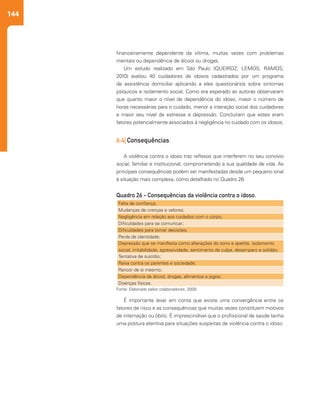 144
É importante levar em conta que existe uma convergência entre os
fatores de risco e as consequências que muitas vezes constituem motivos
de internação ou óbito. É imprescindível que o profissional de saúde tenha
uma postura atentiva para situações suspeitas de violência contra o idoso.
financeiramente dependente da vítima, muitas vezes com problemas
mentais ou dependência de álcool ou drogas.
Um estudo realizado em São Paulo (QUEIROZ; LEMOS; RAMOS,
2010) avaliou 40 cuidadores de idosos cadastrados por um programa
de assistência domiciliar aplicando a eles questionários sobre sintomas
psíquicos e isolamento social. Como era esperado as autoras observaram
que quanto maior o nível de dependência do idoso, maior o número de
horas necessárias para o cuidado, menor a interação social dos cuidadores
e maior seu nível de estresse e depressão. Concluíram que estes eram
fatores potencialmente associados à negligência no cuidado com os idosos.
6.4| Consequências
A violência contra o idoso traz reflexos que interferem no seu convívio
social, familiar e institucional, comprometendo a sua qualidade de vida. As
principais consequências podem ser manifestadas desde um pequeno sinal
à situação mais complexa, como detalhado no Quadro 26.
Falta de confiança;
Mudanças de crenças e valores;
Negligência em relação aos cuidados com o corpo;
Dificuldades para se comunicar;
Dificuldades para tomar decisões;
Perda de identidade;
Depressão que se manifesta como alterações do sono e apetite, isolamento
social, irritabilidade, agressividade, sentimento de culpa, desamparo e solidão;
Tentativa de suicídio;
Raiva contra os parentes e sociedade;
Rancor de si mesmo;
Dependência de álcool, drogas, alimentos e jogos;
Doenças físicas.
Quadro 26 - Consequências da violência contra o idoso.
Fonte: Elaborado pelos colaboradores, 2009.
 