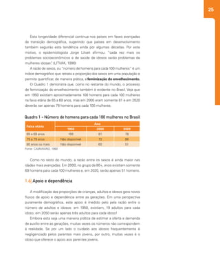 25
2
Como no resto do mundo, a razão entre os sexos é ainda maior nas
idades mais avançadas. Em 2000, no grupo de 80+, anos existiam somente
60 homens para cada 100 mulheres e, em 2020, serão apenas 51 homens.
1.6| Apoio e dependência
A modificação das proporções de crianças, adultos e idosos gera novos
fluxos de apoio e dependência entre as gerações. Em uma perspectiva
puramente demográfica, este apoio é medido pelo pela razão entre o
número de adultos e idosos: em 1950, existiam, 19 adultos para cada
idoso; em 2050 serão apenas três adultos para cada idoso!
Embora esta seja uma maneira prática de estimar a oferta e demanda
de auxílio entre as gerações, muitas vezes os números não correspondem
à realidade. Se por um lado o cuidado aos idosos frequentemente é
negligenciado pelos parentes mais jovens, por outro, muitas vezes é o
idoso que oferece o apoio aos parentes jovens.
Esta longevidade diferencial continua nos países em fases avançadas
da transição demográfica, sugerindo que países em desenvolvimento
também seguirão esta tendência ainda por algumas décadas. Por este
motivo, o epidemiologista Jorge Litvak afirmou: “cada vez mais os
problemas socioeconômicos e de saúde de idosos serão problemas de
mulheres idosas”. (LITVAK, 1990)
A razão de sexos, ou“número de homens para cada 100 mulheres” é um
índice demográfico que retrata a proporção dos sexos em uma população e
permite quantificar, de maneira prática, a feminização do envelhecimento.
O Quadro 1 demonstra que, como no restante do mundo, o processo
de feminização do envelhecimento também é evidente no Brasil. Veja que
em 1950 existiam aproximadamente 100 homens para cada 100 mulheres
na faixa etária de 65 a 69 anos, mas em 2000 eram somente 81 e em 2020
deverão ser apenas 78 homens para cada 100 mulheres.
Faixa etária
Ano
1950 2000 2020
65 a 69 anos 100 81 78
75 a 79 anos Não disponível 72 66
80 anos ou mais Não disponível 60 51
Quadro 1 - Número de homens para cada 100 mulheres no Brasil
Fonte: CAMARANO, 1990
 