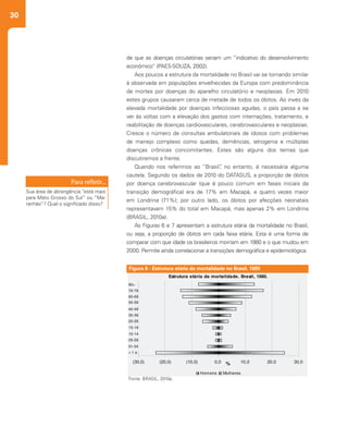 30
de que as doenças circulatórias seriam um “indicativo do desenvolvimento
econômico” (PAES-SOUZA, 2002).
Aos poucos a estrutura da mortalidade no Brasil vai se tornando similar
à observada em populações envelhecidas da Europa com predominância
de mortes por doenças do aparelho circulatório e neoplasias. Em 2010
estes grupos causaram cerca de metade de todos os óbitos. Ao invés da
elevada mortalidade por doenças infecciosas agudas, o país passa a se
ver às voltas com a elevação dos gastos com internações, tratamento, e
reabilitação de doenças cardiovasculares, cerebrovasculares e neoplasias.
Cresce o número de consultas ambulatoriais de idosos com problemas
de manejo complexo como quedas, demências, iatrogenia e múltiplas
doenças crônicas concomitantes. Estes são alguns dos temas que
discutiremos a frente.
Quando nos referimos ao “Brasil”, no entanto, é necessária alguma
cautela. Segundo os dados de 2010 do DATASUS, a proporção de óbitos
por doença cerebrovascular (que é pouco comum em fases iniciais da
transição demográfica) era de 17% em Macapá, e quatro vezes maior
em Londrina (71%); por outro lado, os óbitos por afecções neonatais
representavam 15% do total em Macapá, mas apenas 2% em Londrina
(BRASIL, 2010a).
As Figuras 6 e 7 apresentam a estrutura etária da mortalidade no Brasil,
ou seja, a proporção de óbitos em cada faixa etária. Esta é uma forma de
comparar com que idade os brasileiros morriam em 1980 e o que mudou em
2000. Permite ainda correlacionar a transições demográfica e epidemiológica.
Sua área de abrangência “está mais
para Mato Grosso do Sul” ou “Ma-
ranhão”? Qual o significado disso?
Fonte: BRASIL, 2010a.Fonte: BRASIL, 2010a.
Figura 6 - Estrutura etária da mortalidade no Brasil, 1980
 