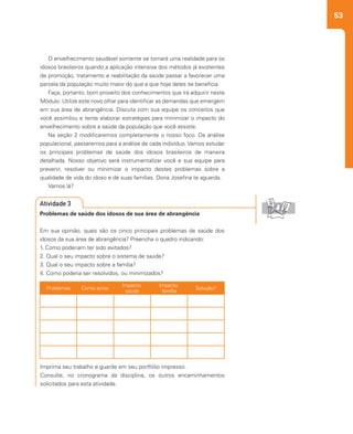 53
O envelhecimento saudável somente se tornará uma realidade para os
idosos brasileiros quando a aplicação intensiva dos métodos já existentes
de promoção, tratamento e reabilitação da saúde passar a favorecer uma
parcela da população muito maior do que a que hoje deles se beneficia.
Faça, portanto, bom proveito dos conhecimentos que irá adquirir neste
Módulo. Utilize este novo olhar para identificar as demandas que emergem
em sua área de abrangência. Discuta com sua equipe os conceitos que
você assimilou e tente elaborar estratégias para minimizar o impacto do
envelhecimento sobre a saúde da população que você assiste.
Na seção 2 modificaremos completamente o nosso foco. Da análise
populacional, passaremos para a análise de cada indivíduo. Vamos estudar
os principais problemas de saúde dos idosos brasileiros de maneira
detalhada. Nosso objetivo será instrumentalizar você e sua equipe para
prevenir, resolver ou minimizar o impacto destes problemas sobre a
qualidade de vida do idoso e de suas famílias. Dona Josefina te aguarda.
Vamos lá?
Problemas de saúde dos idosos de sua área de abrangência
Em sua opinião, quais são os cinco principais problemas de saúde dos
idosos da sua área de abrangência? Preencha o quadro indicando:
1. Como poderiam ter sido evitados?
2. Qual o seu impacto sobre o sistema de saúde?
3. Qual o seu impacto sobre a família?
4. Como poderia ser resolvidos, ou minimizados?
Imprima seu trabalho e guarde em seu portfólio impresso.
Consulte, no cronograma da disciplina, os outros encaminhamentos
solicitados para esta atividade.
Atividade 3
Problemas Como evitar
Impacto:
saúde
Impacto:
família
Solução?
 