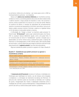 79
os primeiros indícios de uma doença – por vezes grave como o IAM ou
tromboembolismo pulmonar – se instalando.
Idosos com edema nos membros inferiores por insuficiência venosa,
cardíaca ou renal ou uso de bloqueadores dos canais de cálcio reabsorverão
o edema durante o longo período de decúbito à noite. Isto aumenta o
volume urinário e pode levar à IU noturna ou no início da manhã. Mesmo
na ausência de edema, a redução da capacidade (de armazenamento)
vesical e o aumento da vasopressina e hormônio natriurético, comuns em
idosos, podem provocar noctúria. Controlar o edema e a ingestão hídrica
no fim da tarde e à noite pode resolver a noctúria.
A dificuldade de “chegar a tempo” ao banheiro pode provocar IU.
Denominada “IU funcional”, pode surgir subitamente após uma fratura,
AVC ou qualquer doença debilitante aguda, como uma gripe forte. A
IU funcional pode se tornar IU “estabelecida” quando a situação que a
desencadeou se tornar crônica como a osteoartrose grave, a doença de
Parkinson e a hemiplegia após um AVC. Muitas vezes, além da dificuldade
de locomoção, o tempo disponível para chegar ao banheiro está diminuído
pela presença de “urgência urinária”, que será discutida adiante.
Algumas substâncias podem provocar ou agravar a IU. Veja o Quadro 9:
O tratamento da IU funcional consiste em melhorar a mobilidade com
fisioterapia para reabilitação da marcha, uso de órteses como bengalas
e andadores e a otimização do tratamento da doença de Parkinson. O
percurso até o banheiro pode ser encurtado ou facilitado com mudança
de quarto, reorganização dos móveis e adaptações ambientais como a
instalação de corrimão e pisos antiderrapantes. A disponibilidade de urinol
próximo da cama ou sofá do idoso pode resolver o problema.
Álcool e cafeína: poliúria e urgência urinária;
Anti-inflamatórios, nifedipina, amlodipina: edema de mmii > reabsorção noturna do
edema > noctúria.
Inibidores da ECA: tosse e incontinência de esforço;
Diuréticos, outros anti-hipertensivos: poliúria, hipotensão ortostática;
Benzodiazepínicos, antidepressivos, miorrelaxantes, anti-histamínicos: sedação;
Anticolinérgicos: confusão, sedação e retenção urinária (IU por transbordamento).
Quadro 9 - Substâncias que podem provocar ou agravar a
incontinência urinária.
Fonte: Elaborada pelo autor, 2009.
 