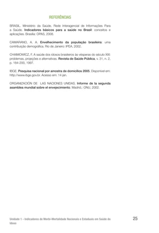 Unidade 1 - Indicadores de Morbi-Mortalidade Nacionais e Estaduais em Saúde do
Idoso
25
REFERÊNCIAS
BRASIL. Ministério da Saúde. Rede Interagencial de Informações Para
a Saúde. Indicadores básicos para a saúde no Brasil: conceitos e
aplicações. Brasília: OPAS, 2008.
CAMARANO, A. A. Envelhecimento da população brasileira: uma
contribuição demográfica. Rio de Janeiro: IPEA, 2002.
CHAIMOWICZ, F. A saúde dos idosos brasileiros às vésperas do século XXI:
problemas, projeções e alternativas. Revista de Saúde Pública, v. 31, n. 2,
p. 184-200, 1997.
IBGE. Pesquisa nacional por amostra de domicílios 2005. Disponível em:
http://www.ibge.gov.br. Acesso em: 14 jan.
ORGANIZACIÓN DE LAS NACIONES UNIDAS. Informe de la segunda
asamblea mundial sobre el envejecimiento. Madrid,: ONU, 2002.
 