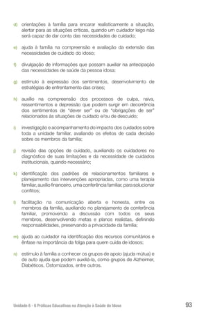 Unidade 6 - 6 Práticas Educativas na Atenção à Saúde do Idoso 93
d)	 orientações à família para encarar realisticamente a situação,
alertar para as situações críticas, quando um cuidador leigo não
será capaz de dar conta das necessidades de cuidado;
e)	 ajuda à família na compreensão e avaliação da extensão das
necessidades de cuidado do idoso;
f)	 divulgação de informações que possam auxiliar na antecipação
das necessidades de saúde da pessoa idosa;
g)	 estímulo à expressão dos sentimentos, desenvolvimento de
estratégias de enfrentamento das crises;
h)	 auxílio na compreensão dos processos de culpa, raiva,
ressentimentos e depressão que podem surgir em decorrência
dos sentimentos de “dever ser” ou de “obrigações de ser”
relacionados às situações de cuidado e/ou de descuido;
i)	 investigação e acompanhamento do impacto dos cuidados sobre
toda a unidade familiar, avaliando os efeitos de cada decisão
sobre os membros da família;
j)	 revisão das opções de cuidado, auxiliando os cuidadores no
diagnóstico de suas limitações e da necessidade de cuidados
institucionais, quando necessário;
k)	 identificação dos padrões de relacionamentos familiares e
planejamento das intervenções apropriadas, como uma terapia
familiar, auxílio financeiro, uma conferência familiar, para solucionar
conflitos;
l)	 facilitação na comunicação aberta e honesta, entre os
membros da família, auxiliando no planejamento de conferência
familiar, promovendo a discussão com todos os seus
membros, desenvolvendo metas e planos realistas, definindo
responsabilidades, preservando a privacidade da família;
m)	 ajuda ao cuidador na identificação dos recursos comunitários e
ênfase na importância da folga para quem cuida de idosos;
n)	 estímulo à família a conhecer os grupos de apoio (ajuda mútua) e
de auto ajuda que podem auxiliá-la, como grupos de Alzheimer,
Diabéticos, Ostomizados, entre outros.
 